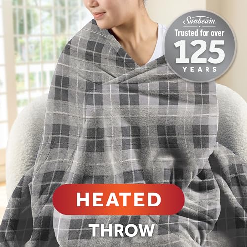 Sunbeam Electric Throw Blanket - Royal Luxe Microplush, 4 Heat Settings, Grey Rodeen Plaid, Fast Heating, Cozy, 50" x 60