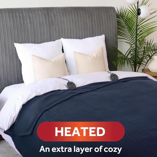 Sunbeam Royal Ultra Fleece Heated Electric Blanket Queen Size for Cold Nights, Fast Heating and Auto Shut-Off, Indigo