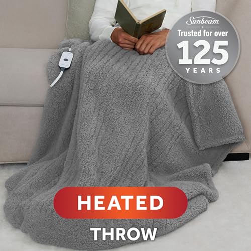 Sunbeam Royal Sherpa Foot Pocket Heated Throw Electric Blanket for Relaxing on Couch or Bed, Fast Heating and Machine Wa