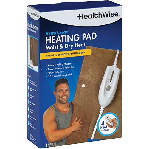 HealthWise Deluxe Extra Large 12” x 24” Heating Pad | Soothing Warm Relief for Pain Relief | Four-Heat Settings | Ideal
