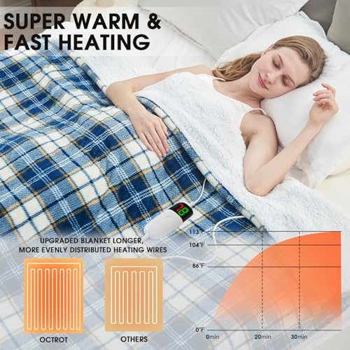 Heated Blanket Electric Throw for Adults Winter Warmer Navy Blue Plaid Sherpa ETL OEKO-TEX Standard 100 8 Hours Auto Off