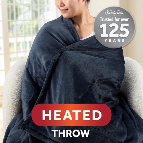 Sunbeam Royal Mink Sherpa Admiral Blue Heated Personal Throw / Blanket, Cozy-Warm, Adjustable Heat Settings